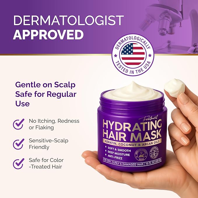 Hydrating Hair Mask – Post Hair Relaxer for Damaged & Dry – Deep Conditioning Keratin Treatment for Curly & Color-Treated – Soft, Smooth, Anti-Frizz & Split Ends Repair with Collagen, Biotin – 10 oz