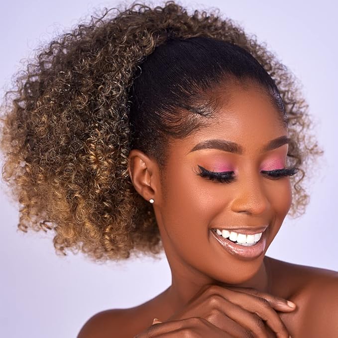 Afro Puff kinky curly Drawstring Ponytail Extension for Black Women Synthetic Short Afro Kinkys Curly Afro Bun Extension Hairpieces Updo Hair Extensions with Two Clips(T27#)