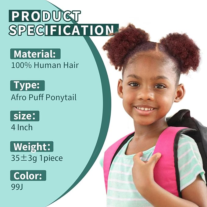 Afro Puff Ponytail for Black Women 100% Human Hair Ponytail Extension Short Updo Hair Buns Small Size Curly Ponytail for Little Girls 2 Clips 4 Inch Burgundy Color,Soft, And Durable For Repeated Use