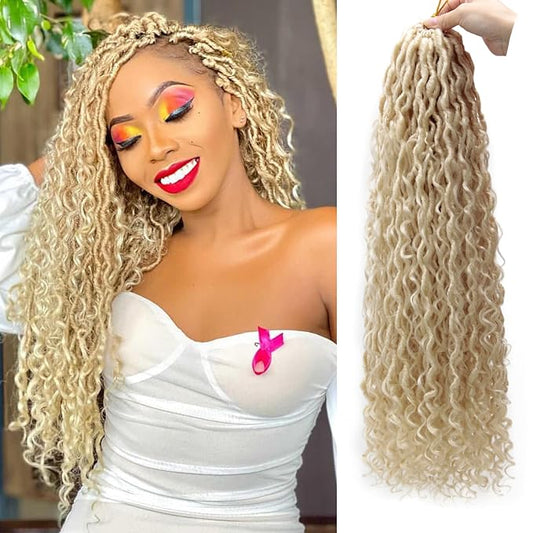 Goddess Locs Crochet Hair 22Inch 6Packs Boho Faux Locs,Blonde Crochet Loc With Curly Ends River Hippie Loc BohemianLocs Crochet Hair(613#, 22inch)