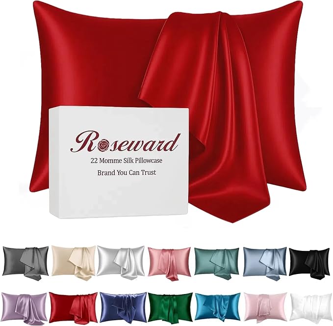 Red Silk Pillowcase for Hair and Skin Made in USA, 22 Momme Mulberry Silk Pillow Case with Zipper, 6A Grade Organic Fabric, Cooling, Anti Acne, Soft, 1 Pc 20"x30" (Queen, Red)