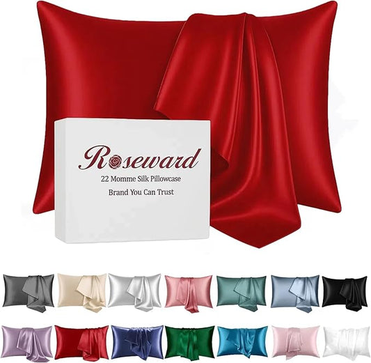 Red Silk Pillowcase for Hair and Skin Made in USA, 22 Momme Mulberry Silk Pillow Case with Zipper, 6A Grade Organic Fabric, Cooling, Anti Acne, Soft, 1 Pc 20"x30" (Queen, Red)
