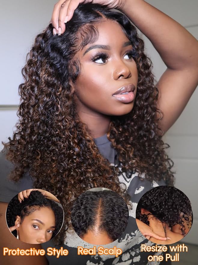 Julia Hair Highlight V Part Curly Wigs with Drawstring Balayage Brown Clip-In Half Wigs EasiContour Upgraded U Part Jerry Curly Glueless Human Hair Wig Beginner-Friendly Ready to Go 16 Inch