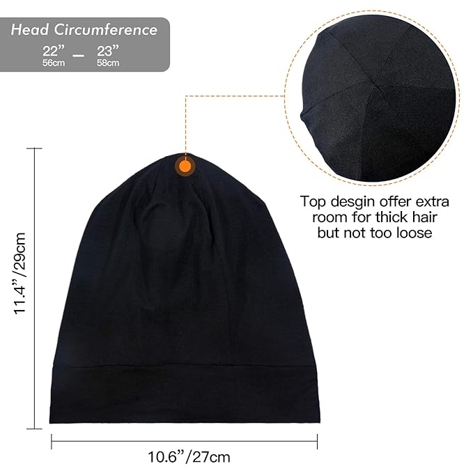Silk Satin Lined Bonnet Sleep Cap - Adjustable Stay on All Night Hair Wrap Cover Slouchy Beanie for Curly Hair Protection for Women and Men - Black & Dark Grey