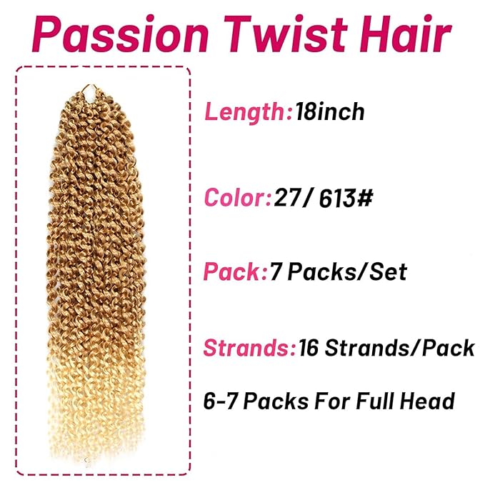Dorsanee Ombre Blonde Passion Twist Hair 18 Inch 7 Packs Water Wave Crochet Hair Long Bohemian Curly Braiding Hair for Butterfly Locs, Faux Locs, Boho Style Spring Twist Crochet Braids (27/613#)