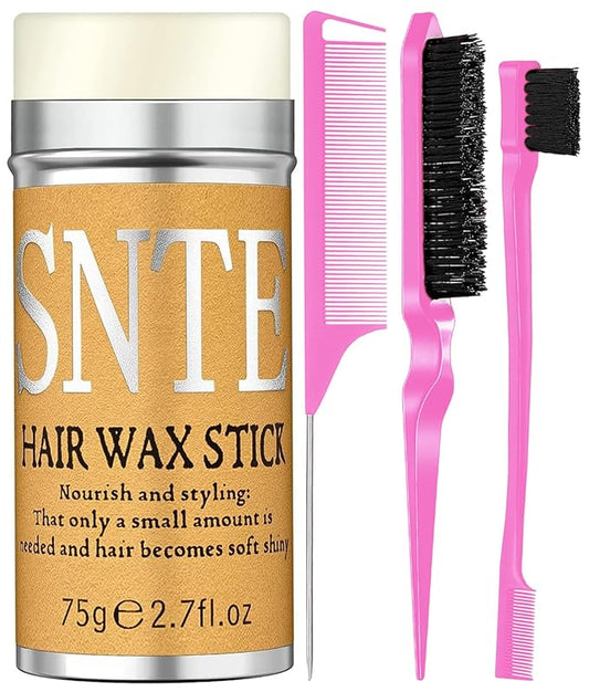 Hair Grooming Kit: Wax Stick for Flyaways, Slick Back Brush, Rat Tail Comb, Bristle Brush Set - Tames Frizz & Controls Baby Hair