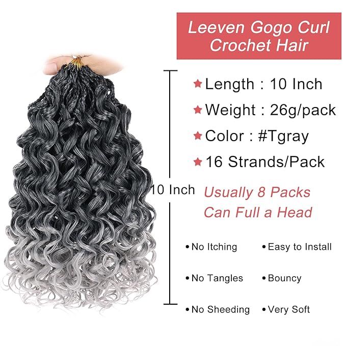 Leeven Gogo Curl Crochet Hair 10 Inch 8 Packs Ombre Gray Ocean Wave Crochet Braids Pre Looped Deep Twist Goddess Box Braids Short Curly Water Wave Synthetic Braiding Hair for Women Girl Kids