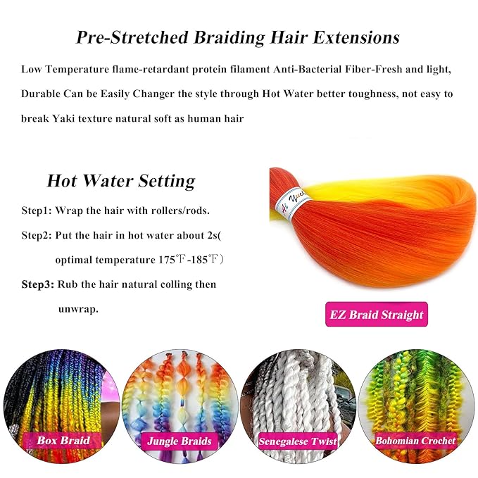 Ombre Braiding Hair Pre Stretched Red Orange Yellow Braids Color Weave Pre Braided Hair for Crochet Braiding Synthetic Knotless Hypoallergenic Yaki Jumbo Box Braids Extensions