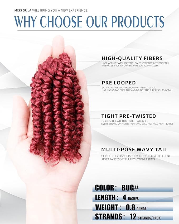 Short Passion Twist Crochet Hair for Black Women and Kids,Pre-Twisted Pre Looped Passion Twist Hair,4 Inch 8 Packs Burgundy Short Bob Spring Twist Bohemian Braids,Curly Hair Extensions(4"-8P,BUG)