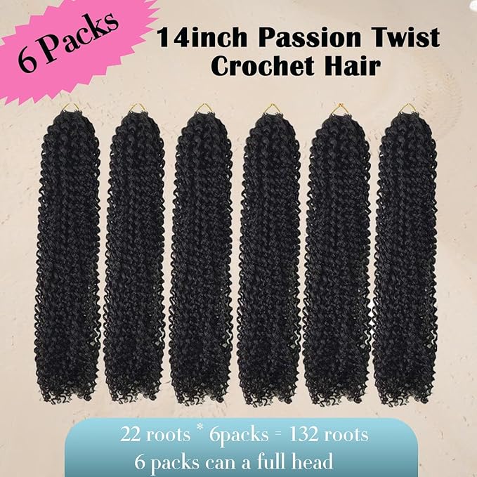 14inch Passion Twists Hair - Water Wave Crochet Hair for Black Women,Bohemian Curly Braiding Hair for Butterfly Locs,Faux Locs,Boho Style Crochet Braids Hair Extensions(1B#, 132 Strands)