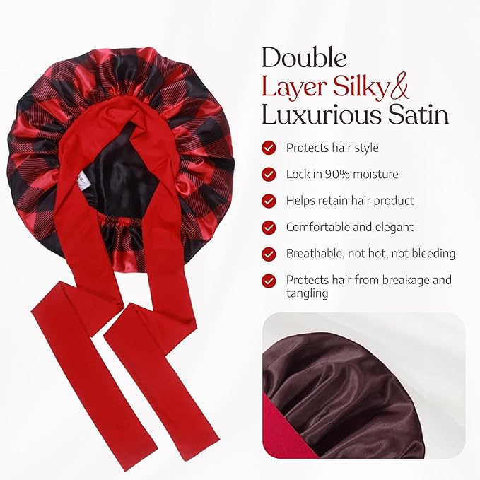 Buffalo Plaid Satin Sleep Bonnet, Double Layer Silky Red and Black Cap with Bow, Adjustable Hair Protection Headwear for Night