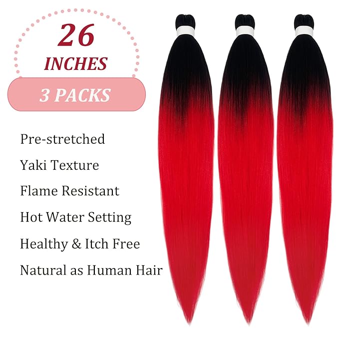 Red Ombre Braiding Hair Pre Stretched Prestressed Braiding Hair Ombre Weave Colored Hair Extensions for Braids Fake Synthetic Hair for Braiding (26 In 3 Packs)