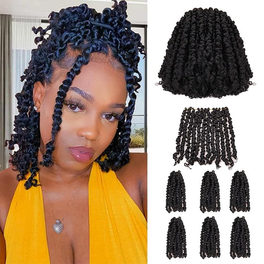 8 Inch 7 Packs Pre Looped Pretwisted Passion Twist Crochet Hair for Black Women and Kids-Natural Black,Soft Hair Extensions Braided by Synthetic Spring Kinky Twist Bohemian Curl(1B)