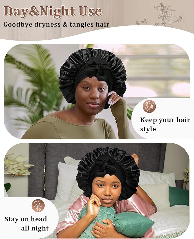 Reversible Satin Bonnet for Sleeping Women Double Layer Hair Bonnet with 2PCS Hair Scrunchies Elastic Tie Band Night Cap
