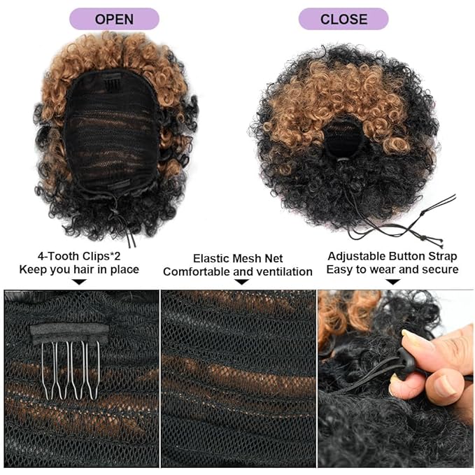 YEAME Afro Puff Drawstring Ponytail for Black Women, Short Kinky Curly Afro Ponytail Synthetic Hair Puffs, Premium Ombre Brown Afro Bun Drawstring Ponytail for Women Girls (1BH630 Ombre Brown)