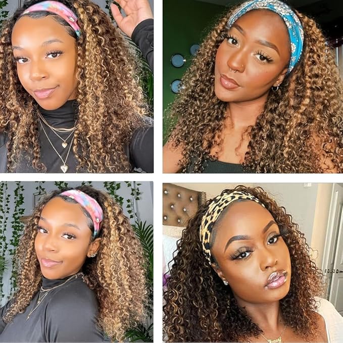 Smoothair Ombre Highlight Headband Wig Human Hair 4/27 Kinky Curly Headband Wig for Black Women 18 Inch None Lace Front Wigs Glueless Wear and Go 150% Density