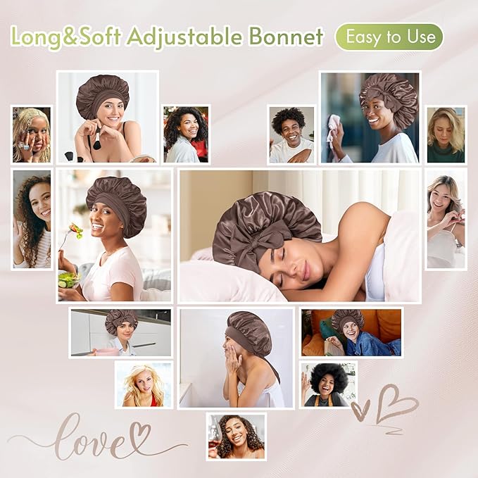 BONNET QUEEN Silk Bonnet for Sleeping Women Satin Bonnet Night Sleep Cap Wrap for Curly Hair with Adjustable Tie Band, Single Layer, Chocolate
