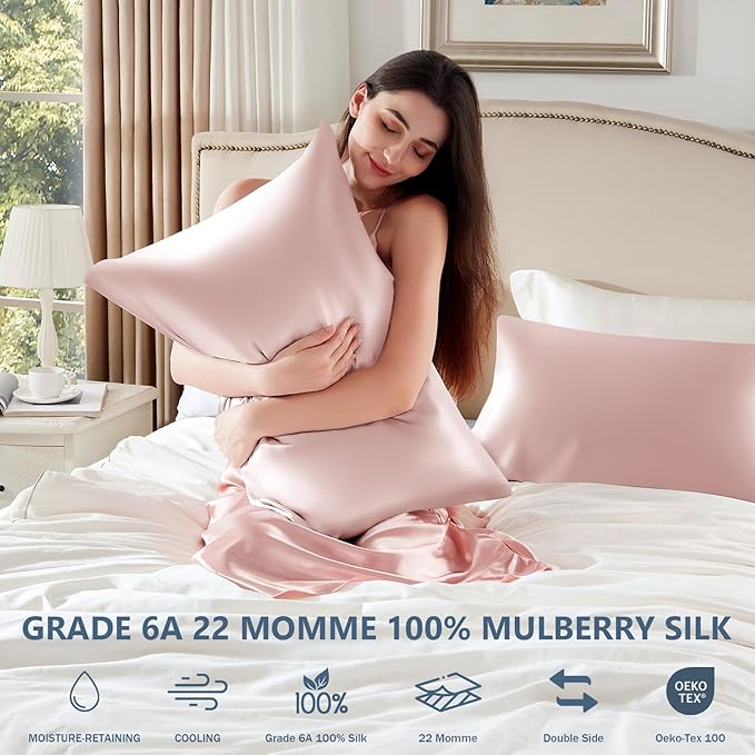 Silk Pillow Cases King Size 100% Mulberry Silk Pillowcase for Hair & Skin 22 Momme Both Sided Grade 6A Silk Cooling Soft Breathable 20 x 36 Inches with Hidden Zipper 1PC, Pink
