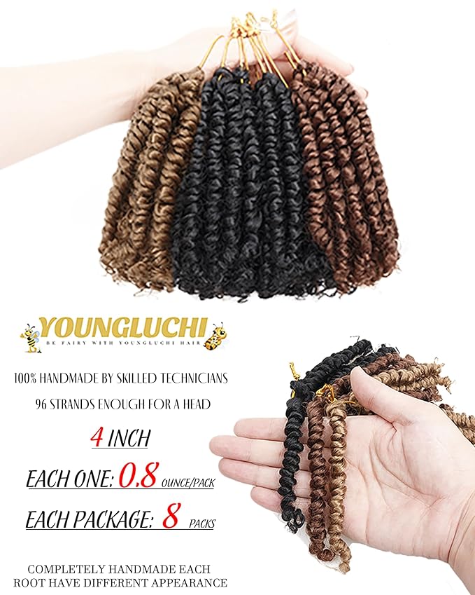 Passion Twist Crochet Hair- Mixed Colors Combo Pack,4 Inch 8 Packs Pre Looped Pretwisted Super Short Crochet Hair Extensions Braided by Synthetic Spring Kinky Twist Bohemian Curls(1B+27#+30#)