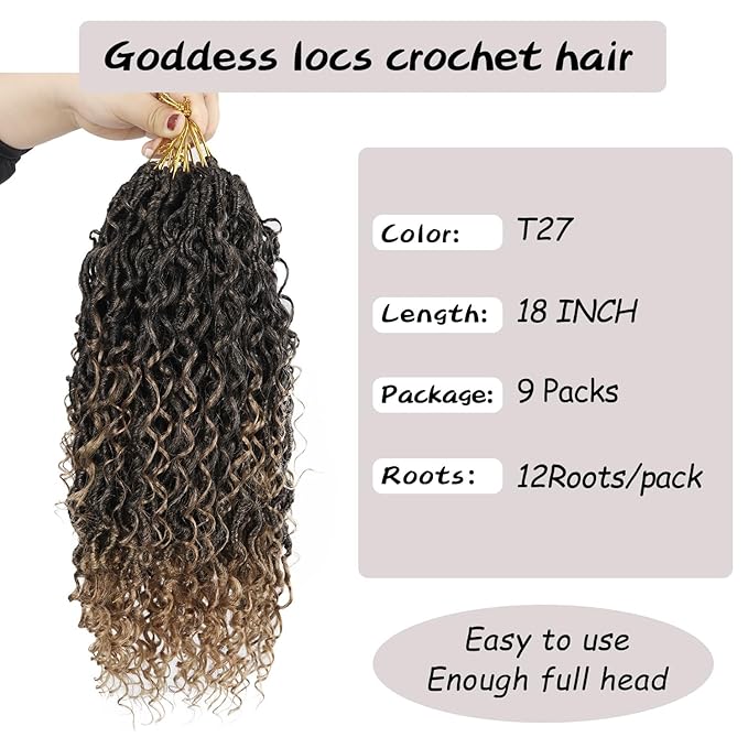 Goddess Locs Crochet Hair 18 Inch 9 Packs Synthetic Faux Locs Crochet Hair for Black Women, River Locs Hair Extensions Style Pre looped Crochet Locs with Curly Ends