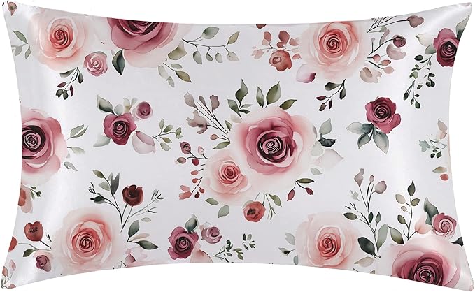 Satin Pillowcase Rose Flowers and Leaves Similar to Silk Pillow Cases for Hair and Skin, 1 Pack Soft Smooth Breathable Cool Pillow Cases, Standard Size with Hidden Zipper 20" x 26"