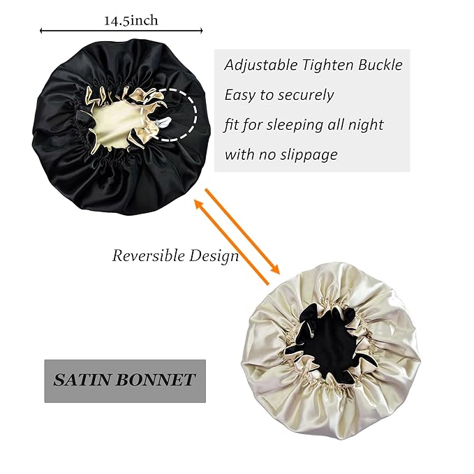 Silk Bonnet for Sleeping Satin Bonnets Double Layer Reversible Hair Cap Bonnet for Women Long Curly Braid Hair (Black)