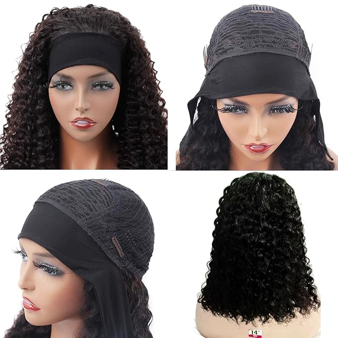 Headband Wig Human Hair For Black Women 14 Inch Wet And Wavy Head Band Wigs Human Hair No Lace Deep Curly Headband Wigs Natural Black Color