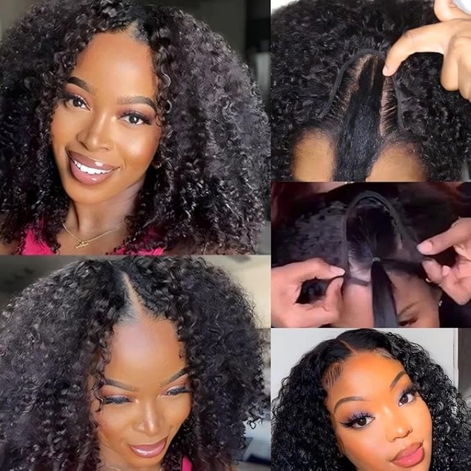 ISEE V Part Human Hair Kinky Curly Minimal/No Leave Out Upgrade U Part Wig for Black Women V Shape Kinky Curly Thin Part Glueless Clip In Half Wig 180% Density Natural Color 22 Inch