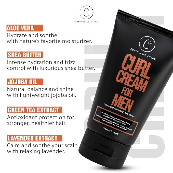 Controlled Chaos Curl Cream for Men - Hair Styling Cream For Wavy and Curly Hair With Shea Butter, Jojoba Oil, Coconut Oil, add Smoothness, Anti-frizz, Sulfate-Free Curl Cream (5oz)