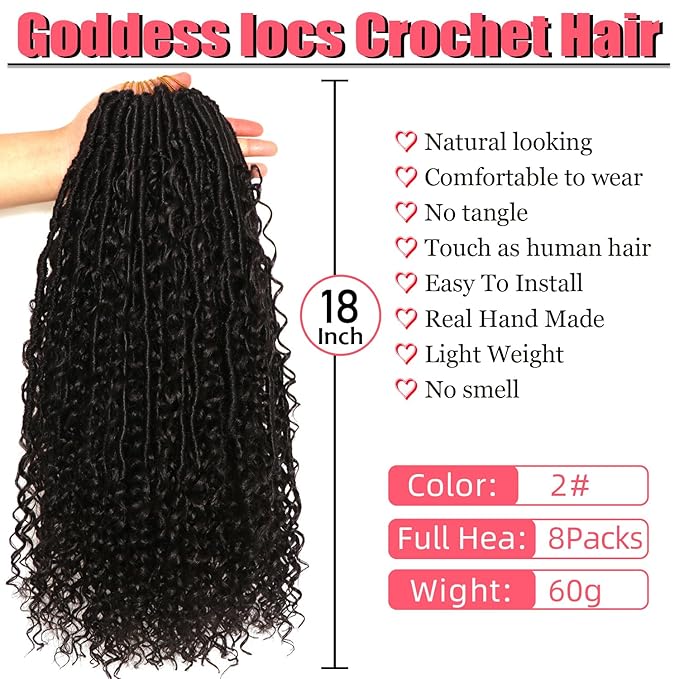 Goddess Locs Crochet Hair-18 Inch 8 Packs Boho Faux Locs Crochet Hair for Black Women Pre Looped Soft Locs with Curly Ends (#2, 18 Inch(Pack of 8))