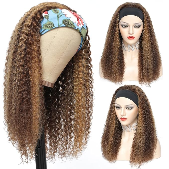 Eooma #4/27 Omber Headband Wig Human Hair 180% Density Curly Wigs for Black Women 10A Brazilian Curly Human Hair Headband Wigs Scarf No Gel Gluelees 22 Inch Remy Hair