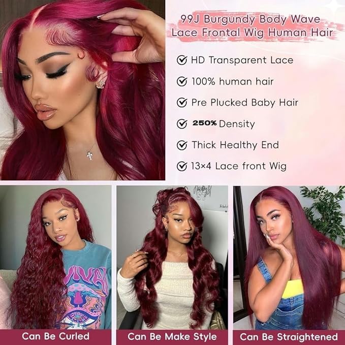MEGOOD 250% Density Burgundy Wig Human Hair 13x4 HD Body Wave 99J Burgundy Lace Front Wigs Human Hair Pre Plucked 13x4 Glueless Burgundy Wig for Women Red Wig 18 Inch