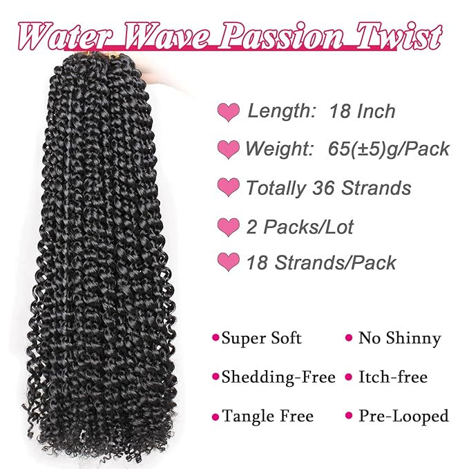 Leeven 2 pcs Passion Twist Braiding Hair for Butterfly Locs Natural Black Water Wave Crochet Passion Twist Hair for Women 18 Inch Long Bohemian Braids Synthetic Crochet Hair 1B#
