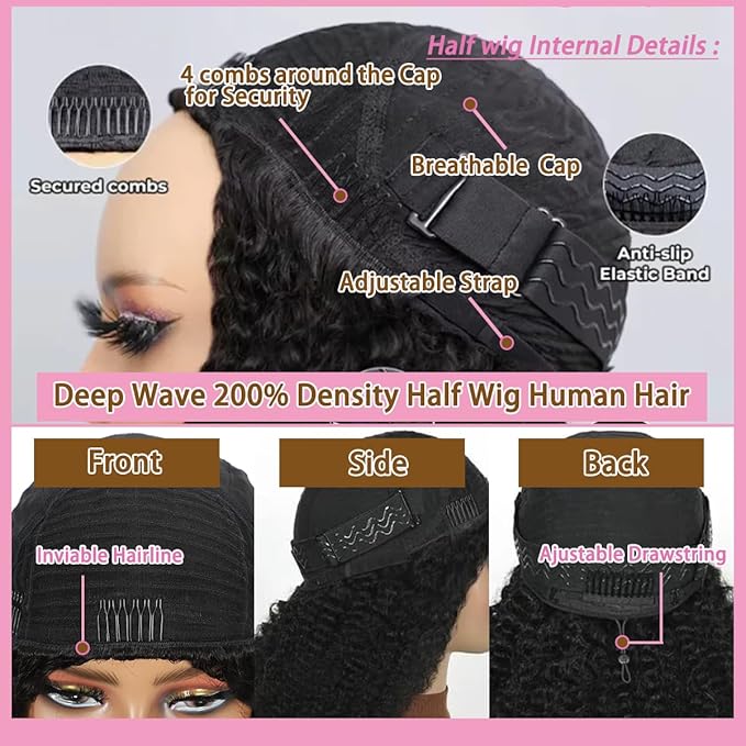 Half Wig Human Hair for Women 3 In 1 Deep Curly Glueless Wigs 200 Density Flip Over Beginner Friendly Ready to Wear and Go Drawstring Wig No Glue No Sew Natural Color & Easy Install 16 Inch