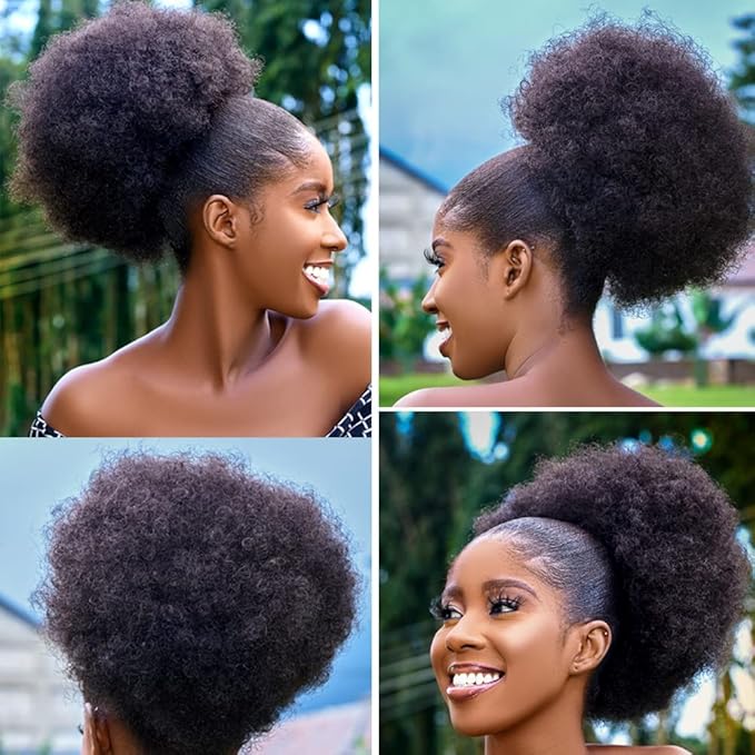 Afro Puff Drawstring Ponytail with Bangs ponytail extension for black women Short Curly Clip in Wrap Updo Hairpiece(1B) (No bangs, 1B)