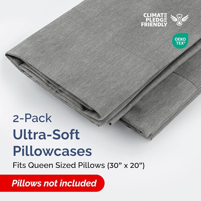 Queen Pillow Cases Set of 2 - Ultra Soft Hotel Quality Pillowcase Covers - Comfy, Cozy & Wrinkle Free - Shrinkage and Fade Resistant - Machine Washable Pillow Protectors - 2 Piece Set - Heathered Grey