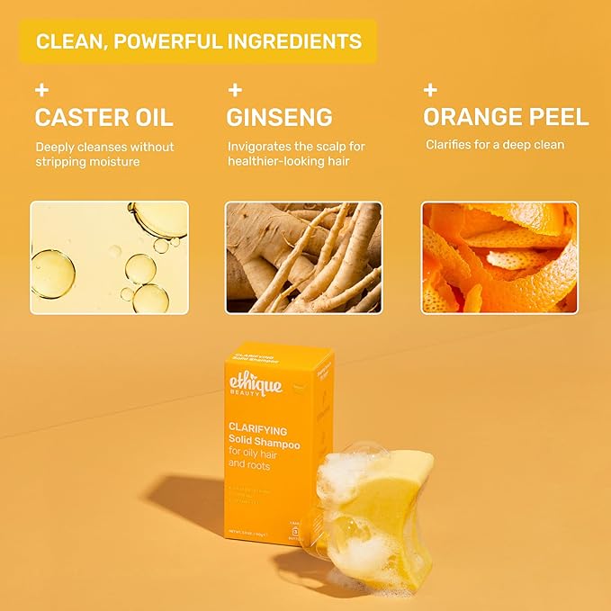 Ethique Clarifying Shampoo Bar for oily hair with Castor Oil - Plastic-Free, Vegan, Cruelty-Free, 3.88 oz - Formerly St. Clements