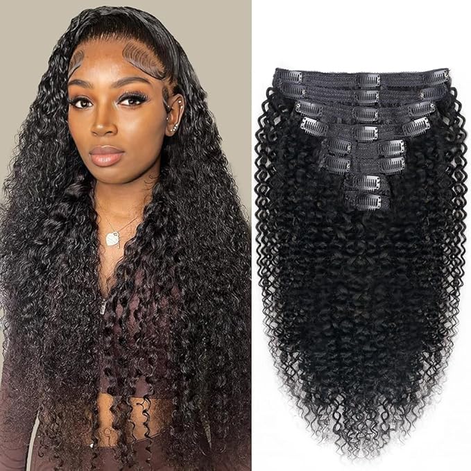 Curly Clip In Extension Human Hair 3C 4A Kinky Curly Clip Ins Full Head for Black Women Brazilian Remy Human Hair Natural Color 8Pcs with18clips 120g/Set (26 inch, curly wave)