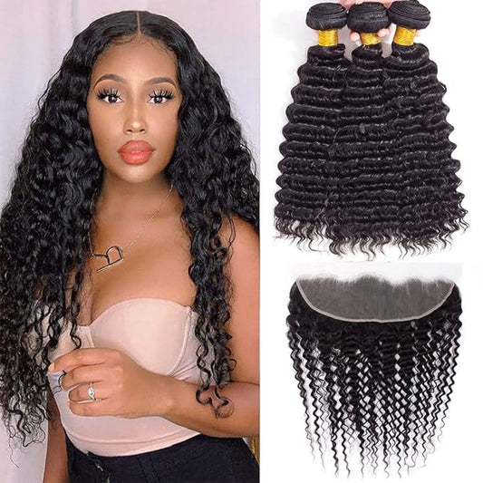 Brazilian Deep Wave Bundles with Frontal 9A 100% Unprocessed Human Hair Loose Deep Wave 3 Bundles Human Hair with 13x4 Free Part Lace Frontal Natural Black for Black Women (16 18 20+14)