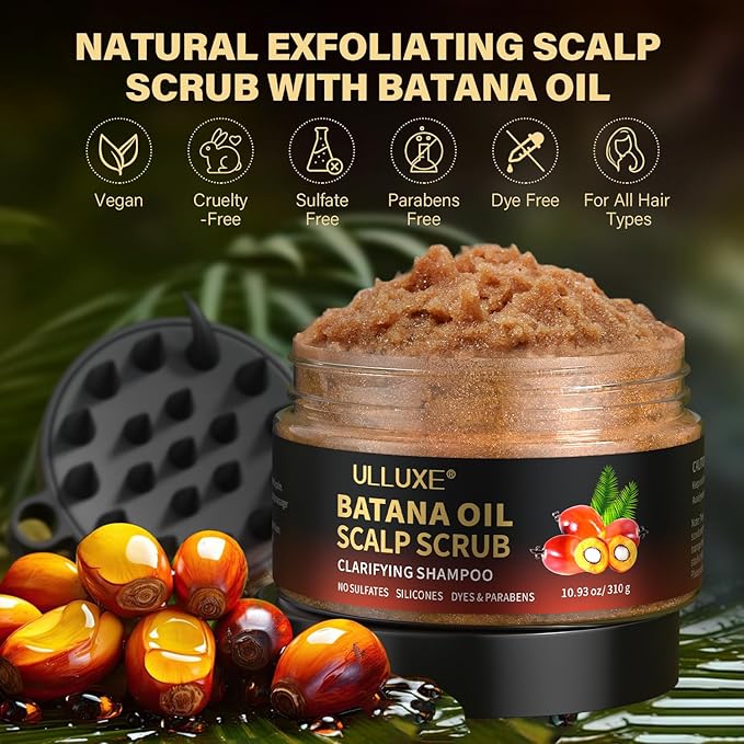 Scalp Scrub, 2-in-1 Scalp Exfoliator Clarifying Shampoo for Dandruff, Dry & Itchy Scalp Care, Batana Oil & Rosemary Scrub Scalp Treatment with Scalp Massager Promotes Hair Growth, 10.93 oz