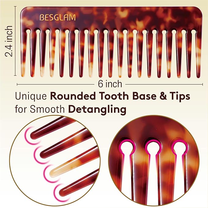 Wide Tooth Comb for Curls & Thick Hair - Large Detangling Comb for Women, 6 Inch Full-hand Length Acetate (Anti-Static), Wet/Dry Use, Reduces Breakage, (Tortoise)