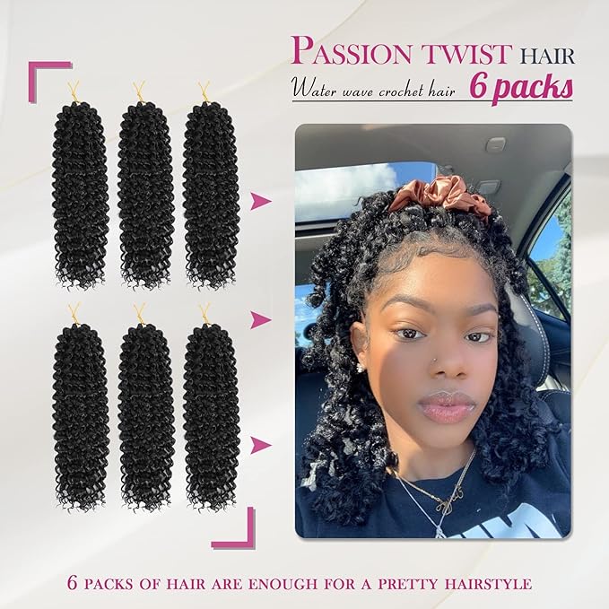 Dansama 6 Packs Passion Twist Hair Water Wave Braiding Hair for Butterfly Style Crochet Braids Bohemian Hair Extensions (12inch, #1B, Economy Pack)