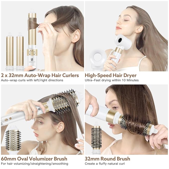 Hair Dryer Hot Air Styler: High-Speed Blow Dryers with Negative Ionic for Fast Drying Frizz Control, Extra Long Barrel 1 1/4 Inch Curling Iron Airflow Auto Wrap Curler for Quick Styling (White)