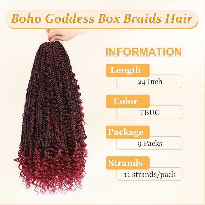Goddess Box Braids Boho Crochet Hair, 24 Inch, 9 Packs, Pre Looped Box Braids For Black Women