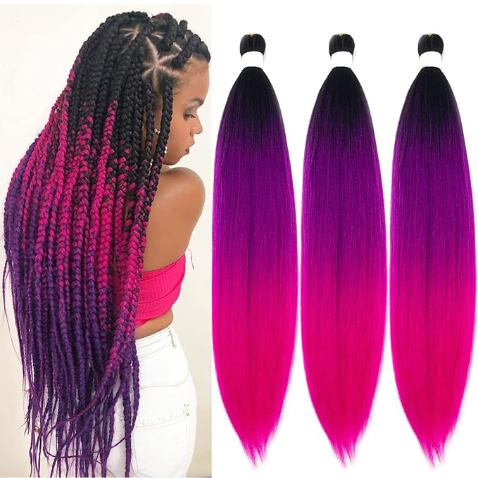 Pre Stretched Braiding Hair Black Purple Pink Ombre Braiding Hair Pre Stretched Prestretched 24 inch 3 pack Kids Micro Synthetic Colored Hair Extensions for Braids Crochet Hair