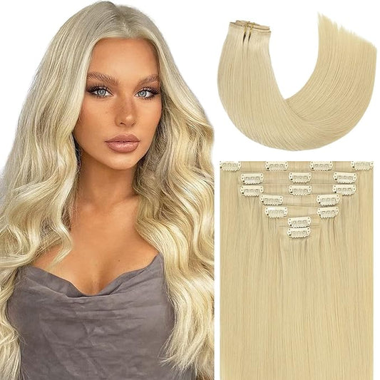 Caliee 22Inch Hair Extensions Clip in Human Hair Seamless Hair Extensions Invisible PU Weft Long Thick Hair 110G 7Pcs 60 Bleach Blonde Hair Extensions Real Human Hair for Thin Hair