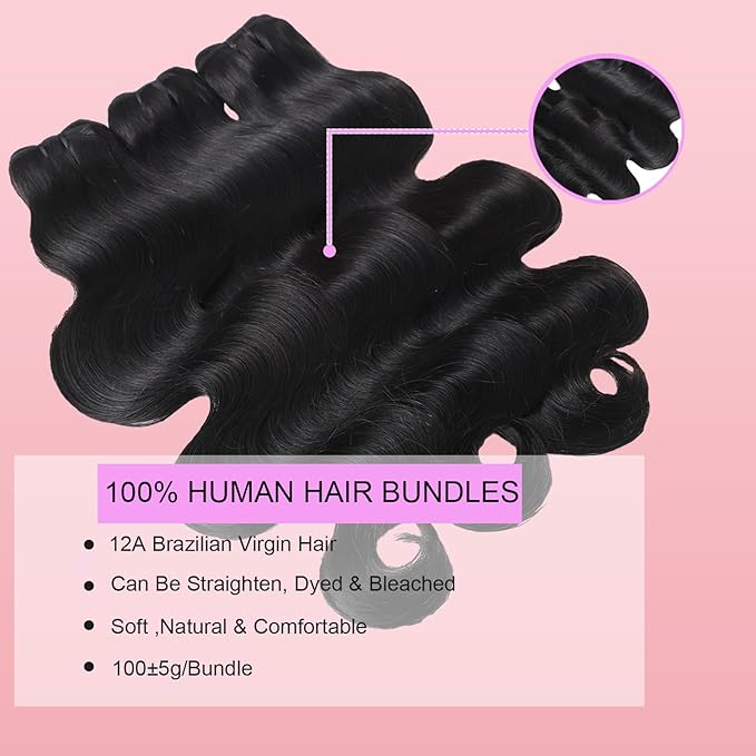 12A Human Hair Bundles Body Wave 12 14 16 Inch 100% Unprocessed Brazilian Virgin Double Weft Weave Body Wave Bundles Human Hair Natural Black Color
