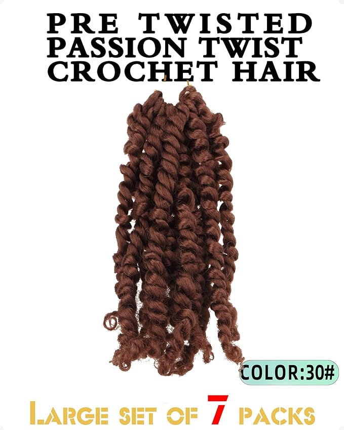 Super Short Passion Twist Crochet Hair for Black Women and Kids-6 Inch 7 Packs Pure Brown Pre Looped Pre-twisted Passion Twist Hair,Bob Spring Kinky Twist Bohemian Curl(6"-7P,30#)