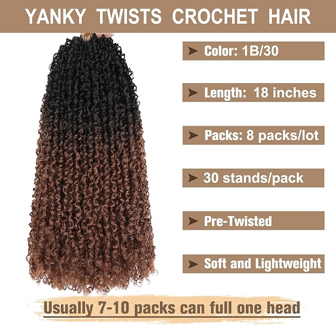 COOKOO Yanky Twist Crochet Hair 18 Inch 8 Packs (30 Strands/Pcs) Short Bob Spring Mini Twist Fluffy Passion Twist Ombre Brown Pre-Looped Crochet Braids Synthetic Hair 1B/30#