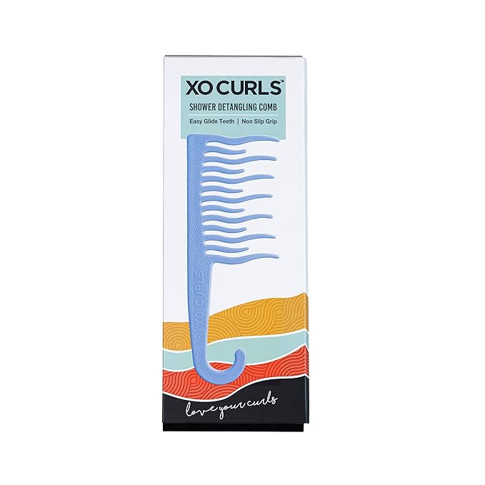 XO Curls Shower detangling hair comb, Wide tooth comb, Comb with hook for easy hanging in shower, Gentle on Scalp, Hair comb for with curly & wavy hair (Blue)